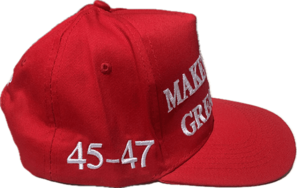 A red hat with the number 4 5-4 7 written on it.