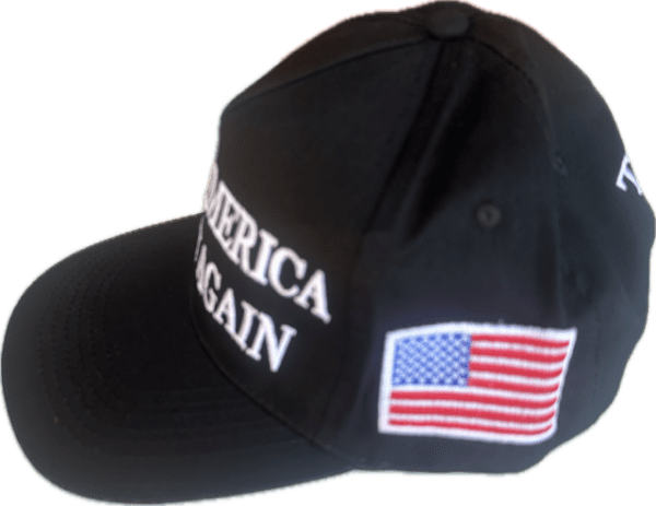 A black hat with an american flag on it.