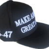 A black hat with white writing on it.