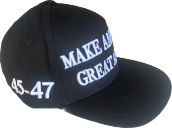 A black hat with white writing on it.