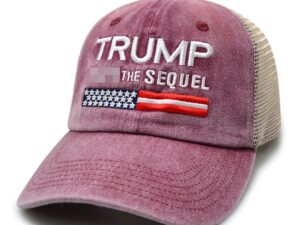 A hat that says trump the sequel with an american flag on it.