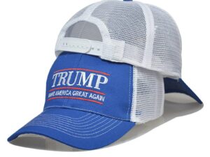 A blue and white hat with the words " trump " on it.