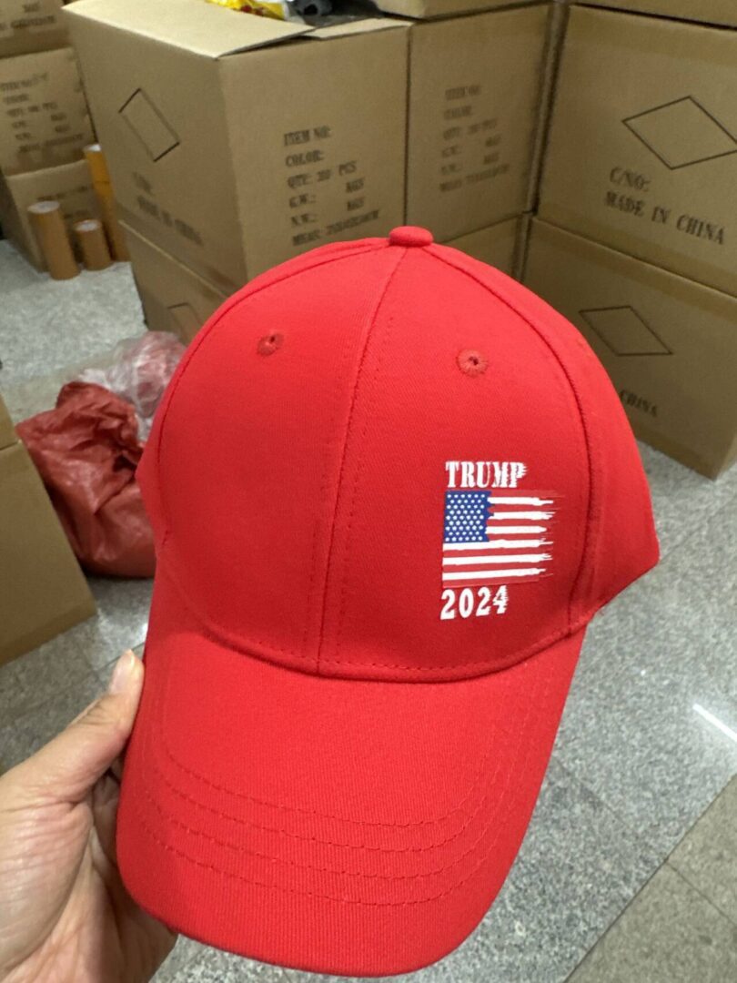 A red hat with an american flag on it.