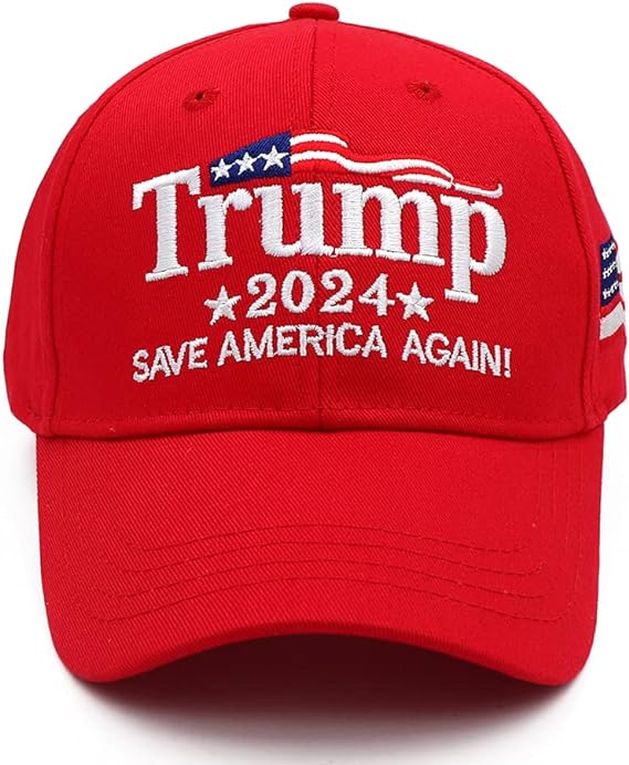 A red hat with the words " trump 2 0 2 4 save america again !" on it.