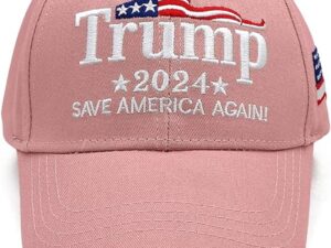 A pink hat with the words " trump 2 0 2 4 save america again ".