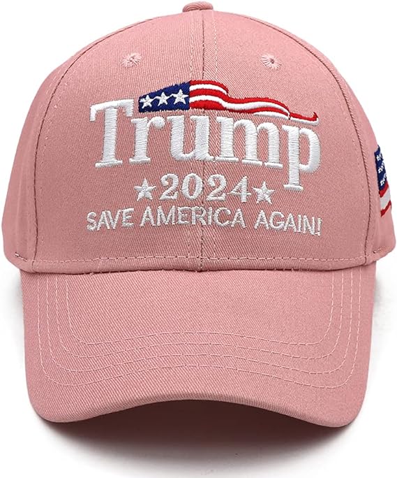 A pink hat with the words " trump 2 0 2 4 save america again ".