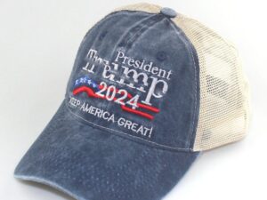 A blue hat with the words president trump 2 0 2 4 on it.