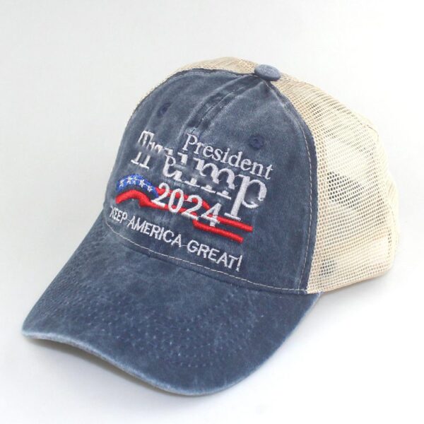 A blue hat with the words president trump 2 0 2 4 on it.