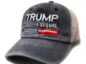 A hat that says trump the sequel with an american flag on it.