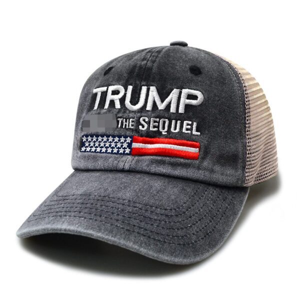 A hat that says trump the sequel with an american flag on it.